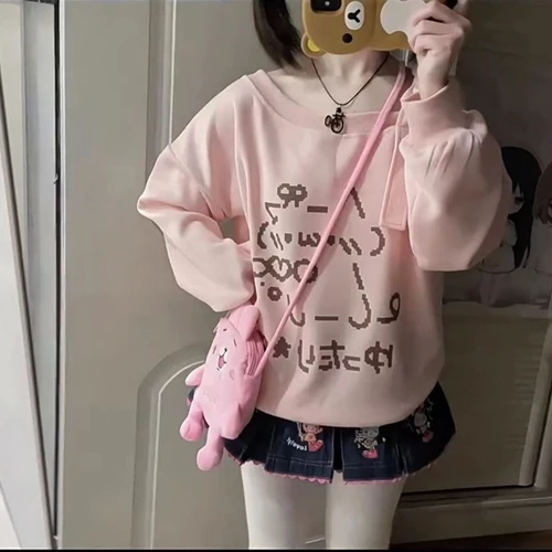 Imagen 2 del producto Camisetas japonesas 2025, ropa para mujer, Camisetas de manga larga con lazo de dibujos animados, Camisetas holgadas con hombros descubiertos, camiseta informal de moda, Tops Y2K