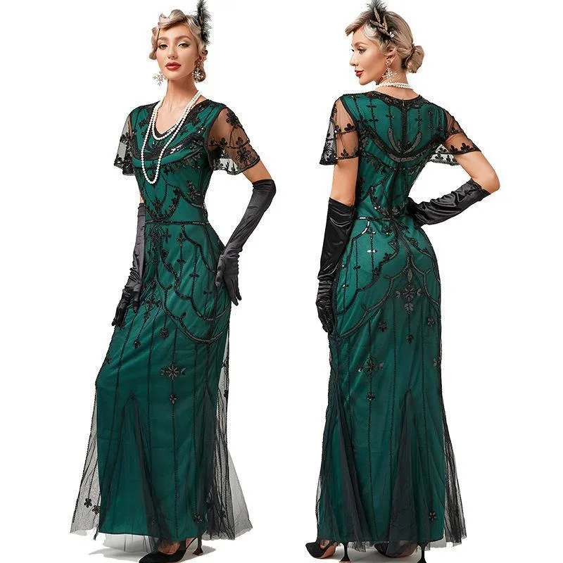 

Vintage Sequin Flapper Dress Women Short Sleeve Formal Evening Gown Slim Fit Midi Length For Gatsby Party Wedding Cocktail​