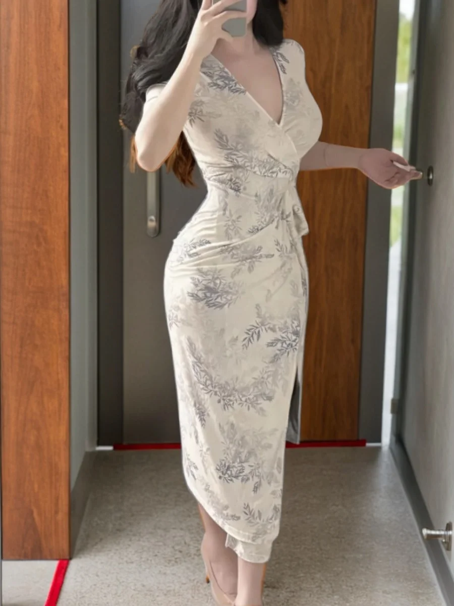 우아한 플러스 사이즈 중국풍 플로럴 프린트 랩 드레스 슬리밍 하이웨이스트 V넥 긴팔 여름 신상 여성 드레스