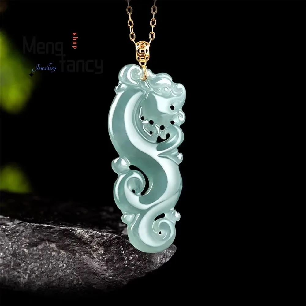 

Natural A-goods Jadeite Blue Water Zodiac Dragon 18K Gold Buckle Ice Jade Pendant Retro Exquisite Luxury Fashion Jewelry Mascots