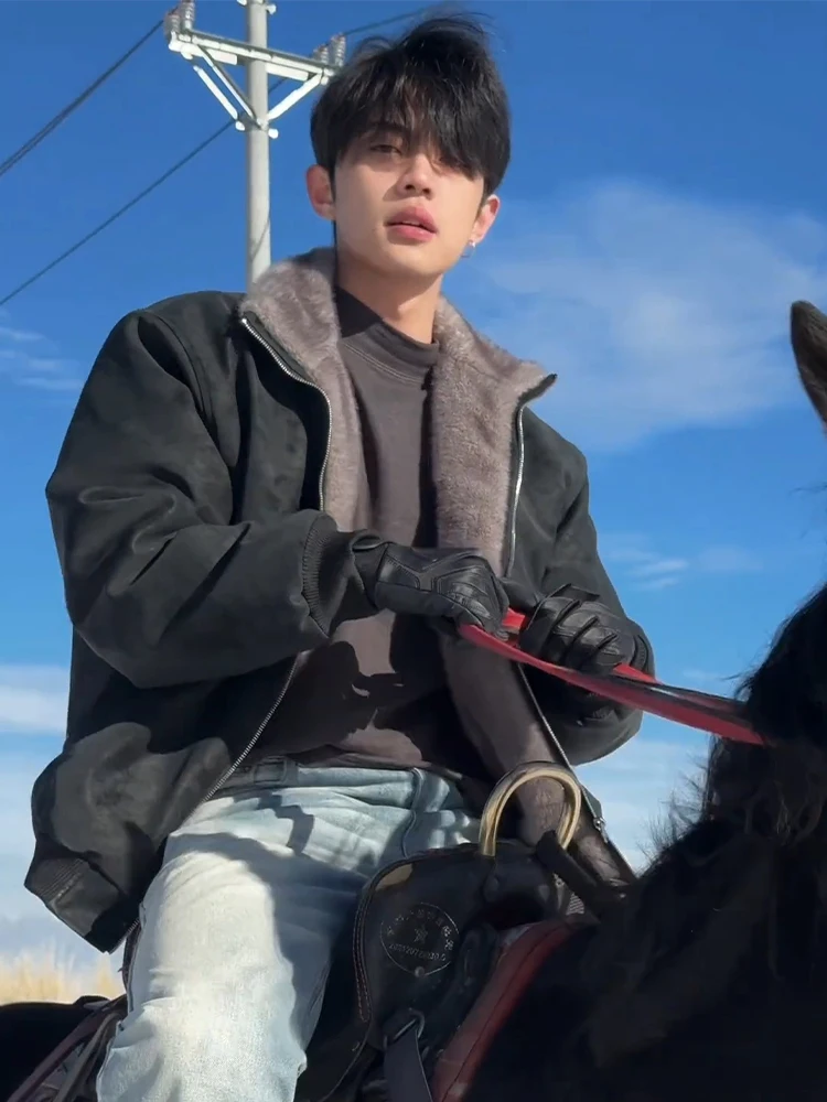 

American Sle ort Thiened Men's Winter Coat Fur Collar PU Leather Cotton Jaet Warm Stand Fit Casual Outerwear