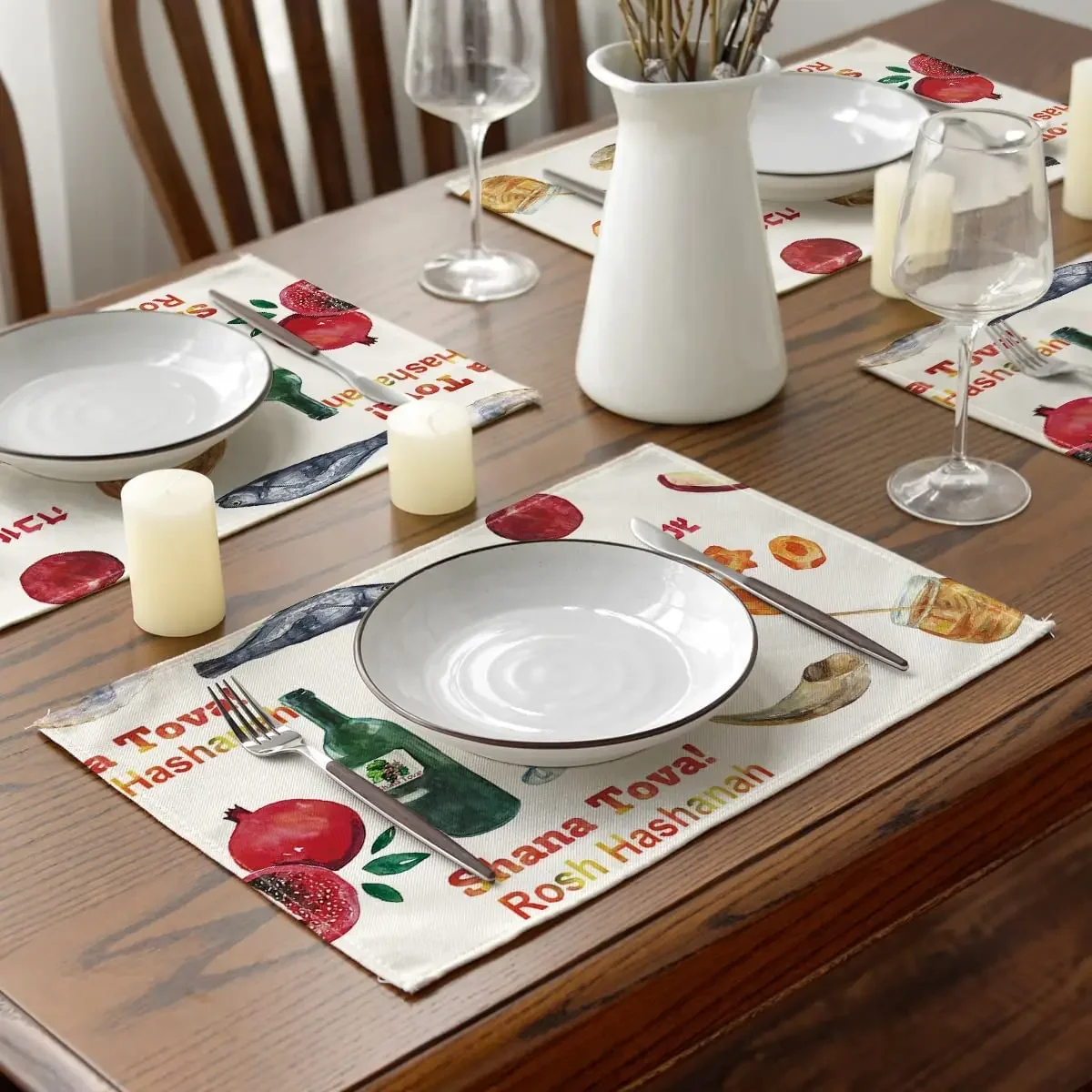 1PC Shana Tova Food Rosh Hashana Linen Placemats Jewish Party Kitchen Wine Shofar Watercolor Table Mats for Dining Decor