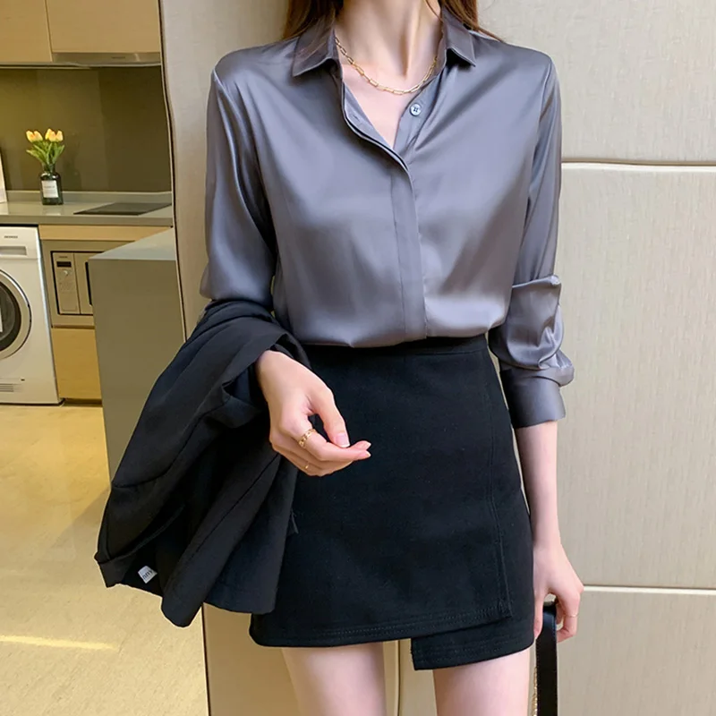 Gray Silk Polo Neck Long Sleeve Single Breasted Offce Lady Casual Women\'s Blouse Shirt Korean Fashion Female Clothing Tops 2024