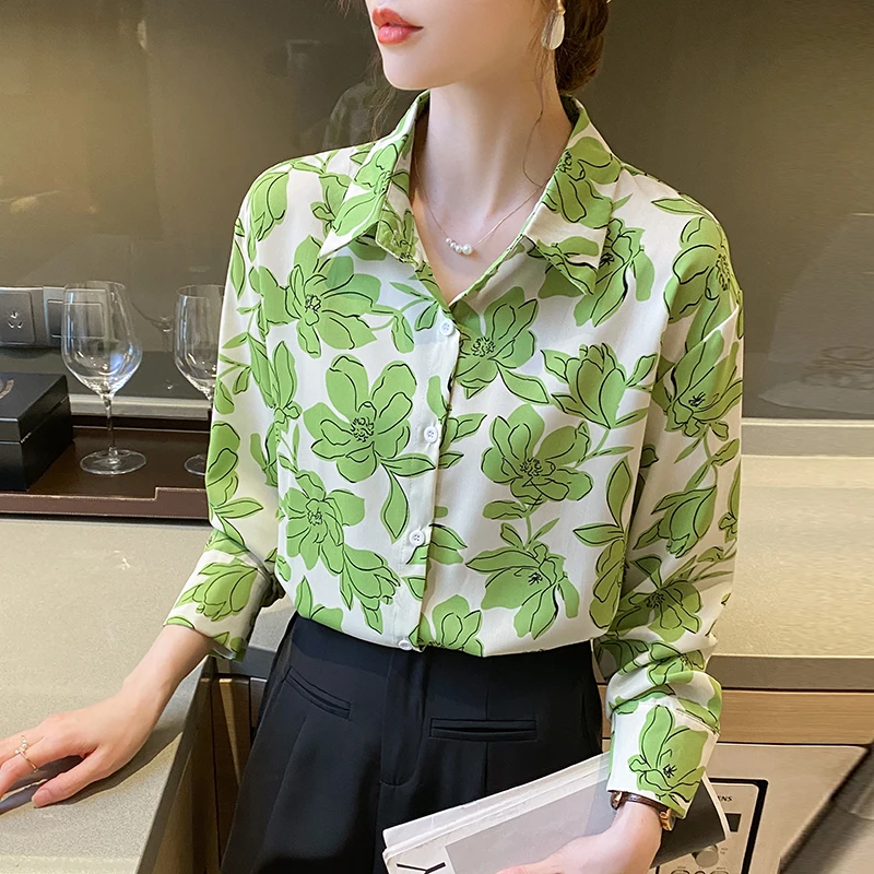 Women Spring Korean Loose Fashionable Printing Polo-Neck Long Sleeve Chiffon Shirts Women Clothes Casual All-match Trend Tops