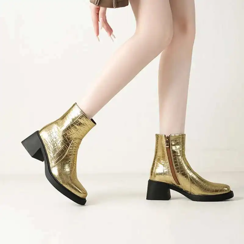 

Gold Square Toe Stone Pattern Women's Ankle Boots Side Zipper Chunky Heel Short Boots