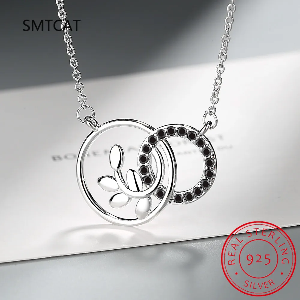 Leaves Natural Black Spinel 925 Sterling Silver Double Circle Pendant Necklace for Women Gemstone Fine Jewelry Colar de Prata