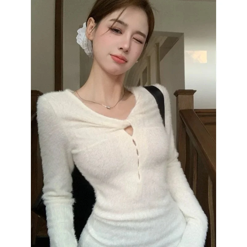 

Вязаные свитера в стиле Харадзюку с плиссировкой, винтажные, в стиле гранж, женские, сексуальные, с вырезами, пуловеры в стиле Y2K, однотонные, облегающие джемперы