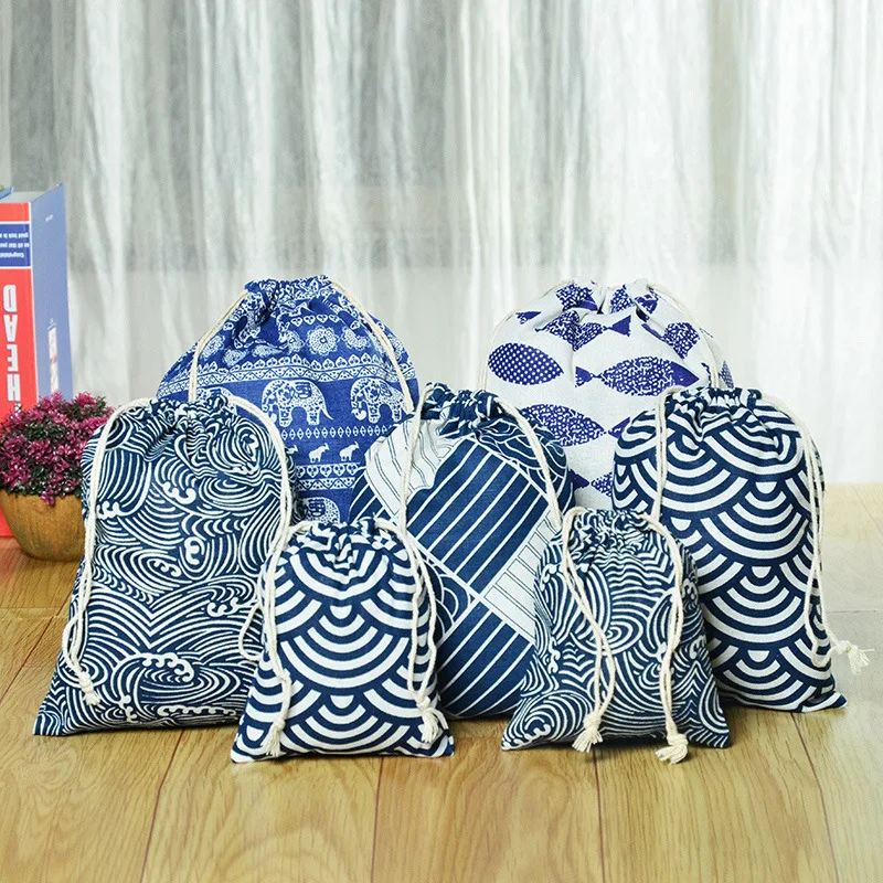 Cute Printed Cotton and Linen Drawstring Pocket Small Cloth Bag Blue and White Porcelain Buggy Bag Travel Gift Storage Bag