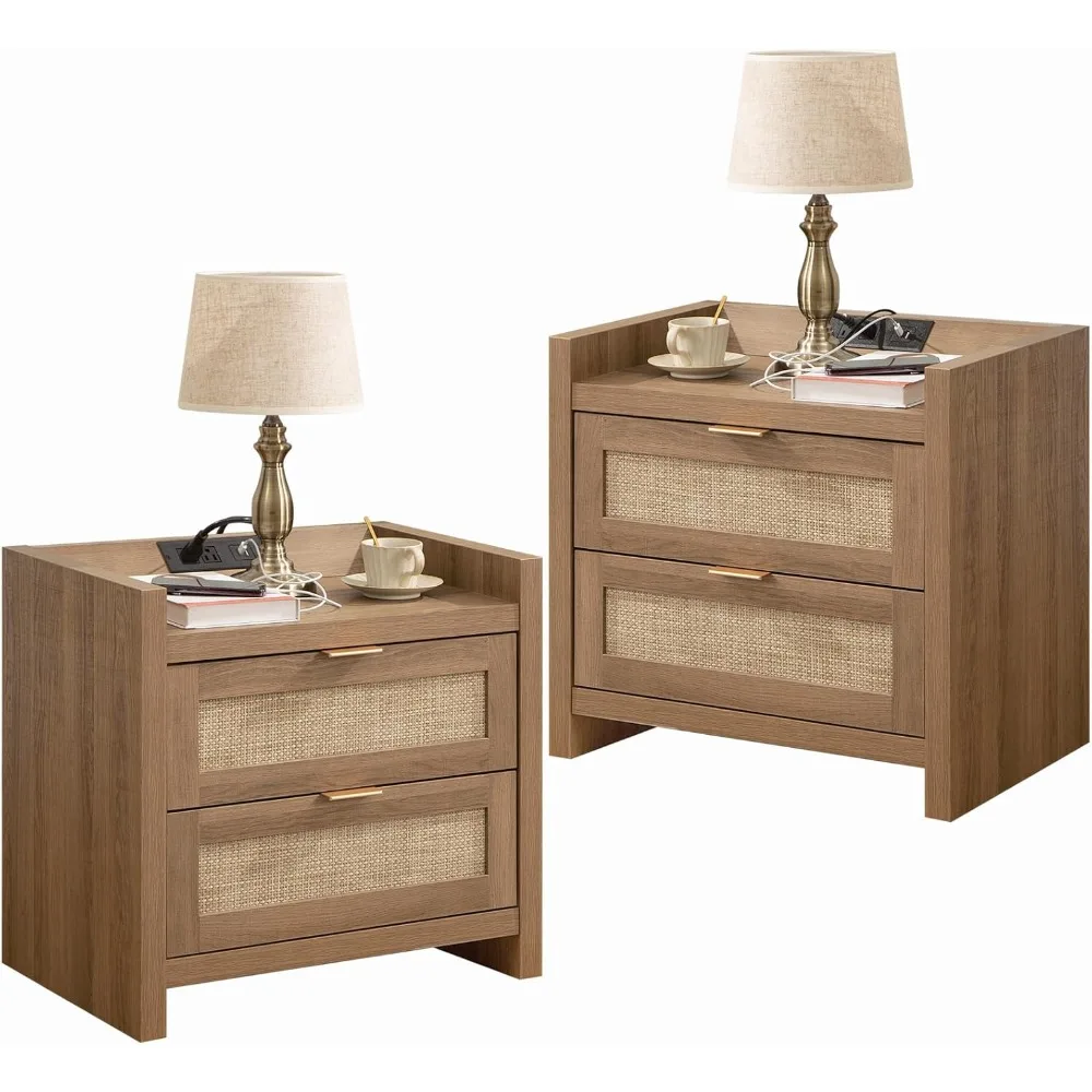 Night Stand Set of 2 - Rattan Nightstands with Type-C Charging Station, 2 Drawers - Boho Wood Bed Side End Table, Nightstand