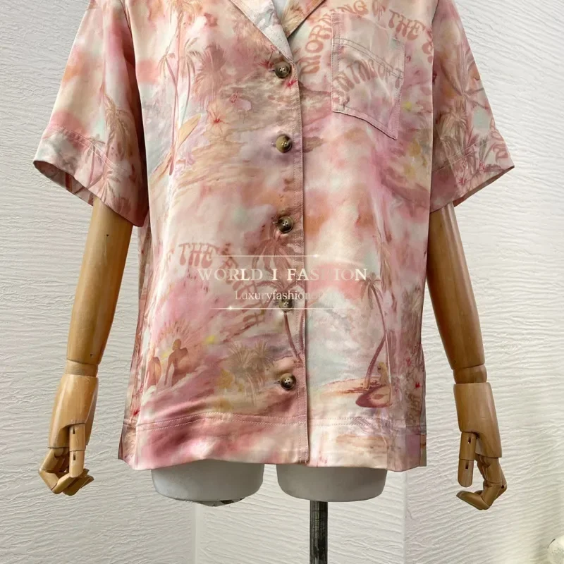 

Pink Floral Print Short Sleeve Turn Down Collar Blouse Tops 2025