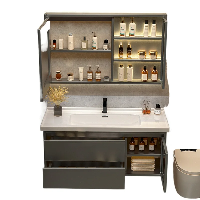 Wastafel Kayu Solid Lemari Kamar Mandi Keramik Vintage Vanity Penyimpanan Lemari Kamar Mandi Cermin Ringan Meuble Toilette Furniture