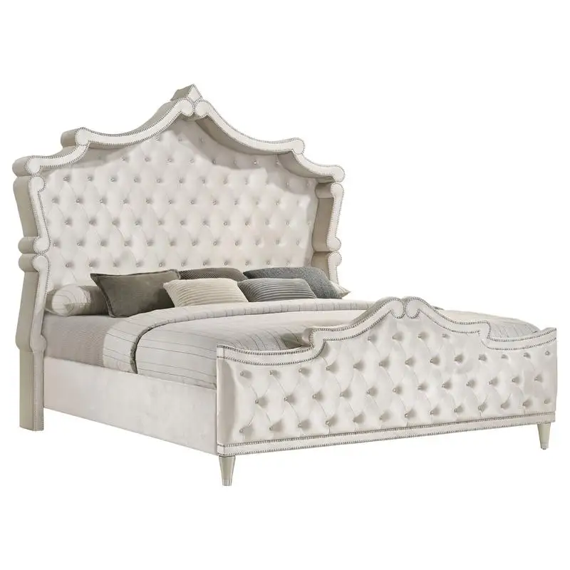 Upholstered 5-Piece Bedroom Set with Ivory Finish and Camel Accents