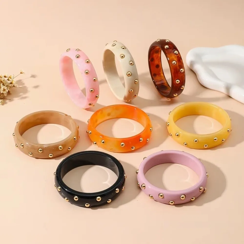 Vintage Inlaid Beads Geometric Chunky Bangle Resin Gold Beads Round Stackable Wide Bracelets Wide Width Acrylic Bangle Women