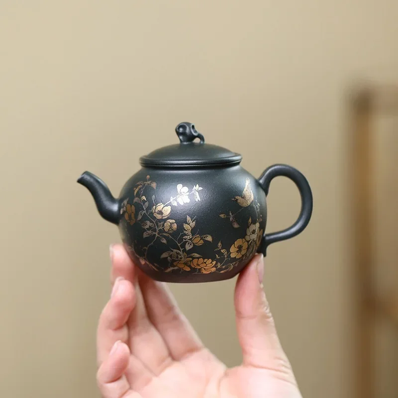 115ML Chinese Yixing Zisha Pot Raw Ore Dark Green Mud Chinese Teapot Gift Tracing Gold Silver Purple Sand TeaSet Collection Gift