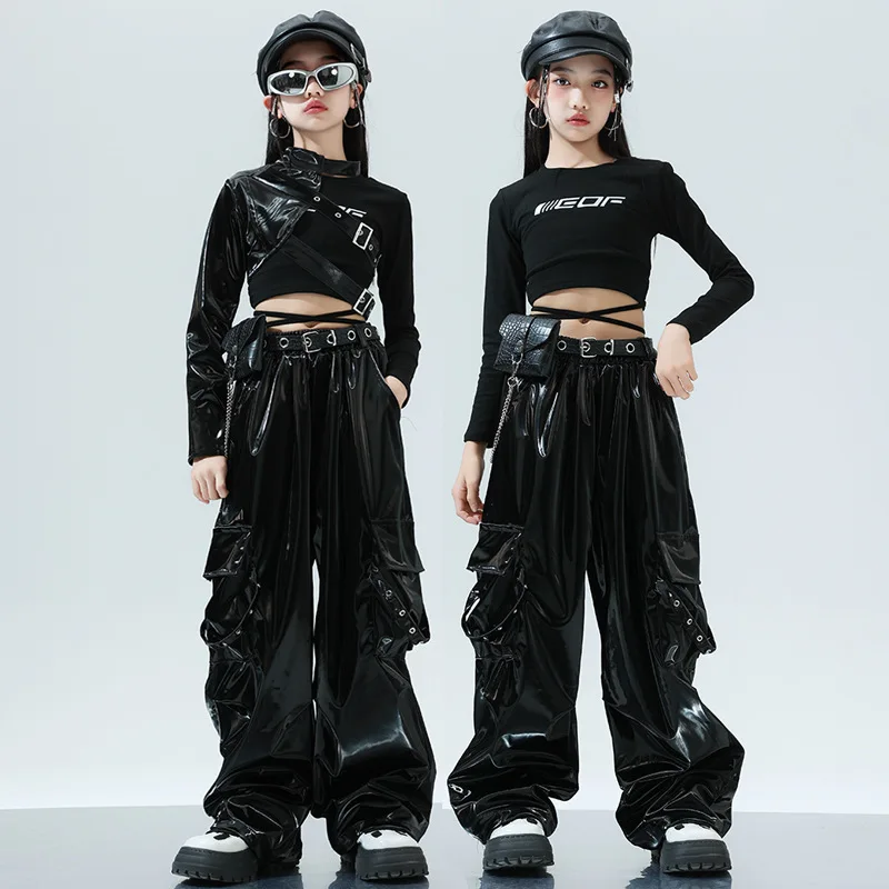 Jazz Dance Costume di scena Ragazze Kpop Hip Hip Abiti da ballo Street Dancewear Bambini Moda Clohtes Top neri Pantaloni Shuffle