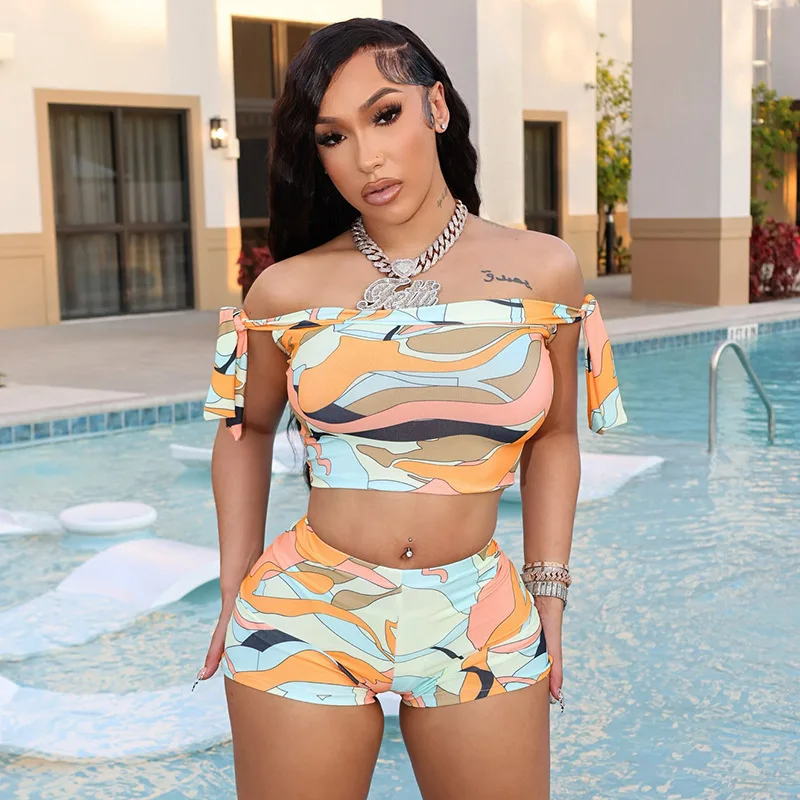 

2025 Summer Colorful Printed 2 Piece Set Women Lace Up Ribbons Off Shoulder Crop Tops + Shorts Casual Streetwear Holiday Suits