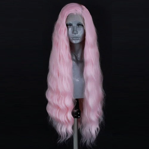 Imagen 2 del producto Peluca ondulada Natural de color rosa Pastel, pelucas frontales de encaje sintético para mujer, pelo de encaje rizado largo y suelto, peluca rosa claro para Cosplay resistente al calor