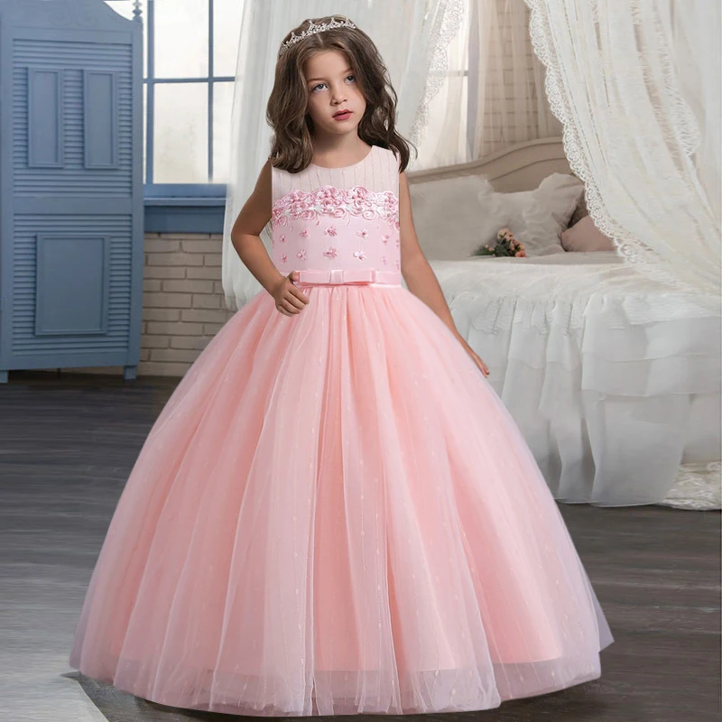 Girls' sleeveless pearl princess dress 4-12 years old sequin embroidered yarn dress dinner host fashion wedding high-end dress