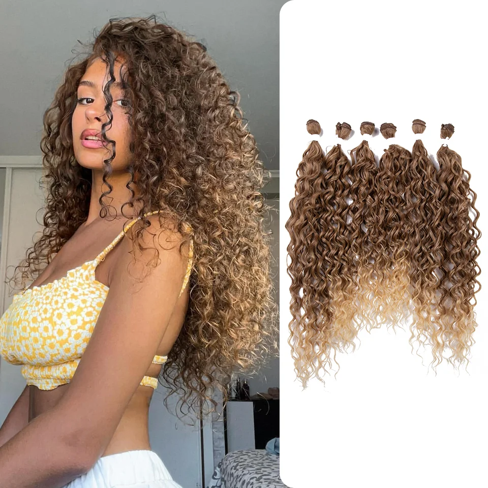 24-28inch 6 Pcs Synthetic Hair Bundles Ombre Blonde Daily Hair Extensions Afro Kinky Curly Hair Heat Resistant For Black Women