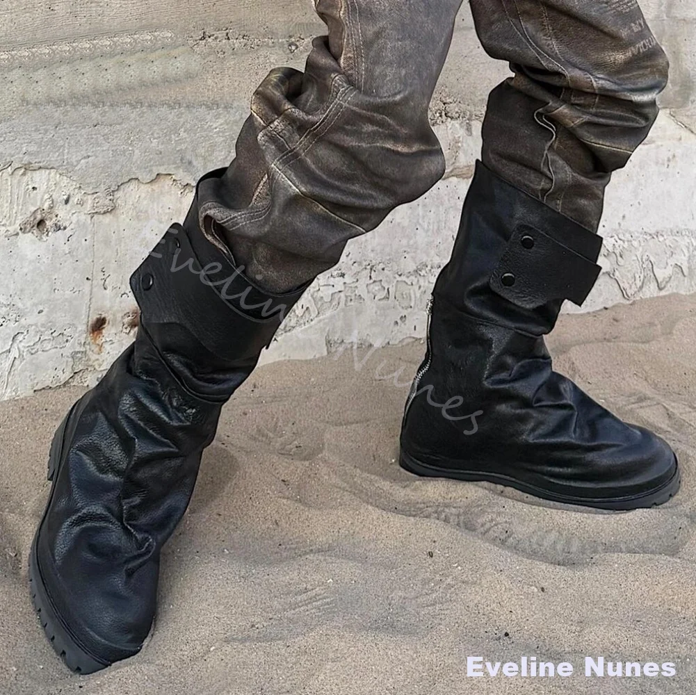 Wasteland-style Rider Boots Men Distressed Pleated Back Zipper Dark Mid-calf Work Boots New Chunky Sole Punk Motorcycle Boots