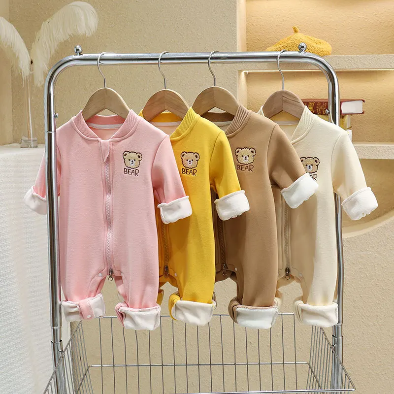 ﻿ ﻿ Baby Jumpsuit 0-2Y 2024 Autumn Add Thin Fleece Baby Girl's Rompers Cartoon Bear Toddler Boys One Piece Clothes