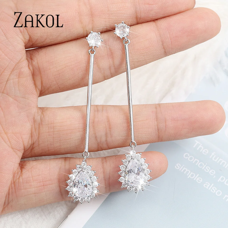 ZAKOL New Green Water Drop Shape Dangle Earrings For Women Exquisite Long Tassel Earring Engagement Wedding Party Jewelry