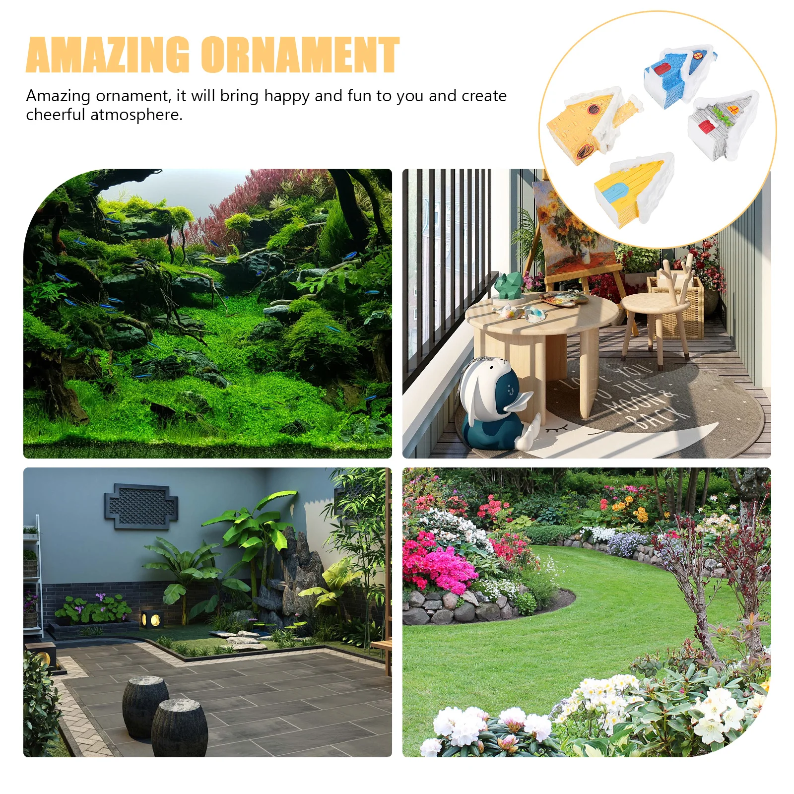 

4 Pieces Resin Christmas House Mini Figurine Grey Blue Yellow Fish Tank Decor Supply L scape nament Christmas Adornments Mini