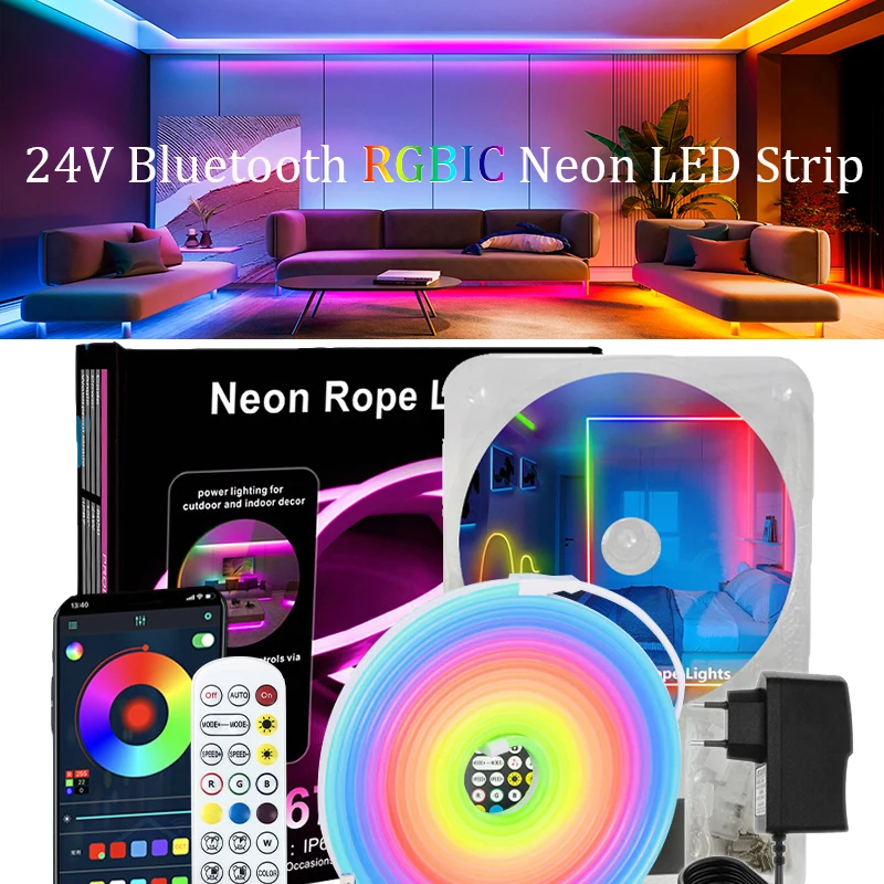 

24V RGBIC Dreamcolor Chasing Neon LED Strip Lights Silicone Neon Rope Light Bluetooth APP Music Sync Lamp Tape for Home lighting