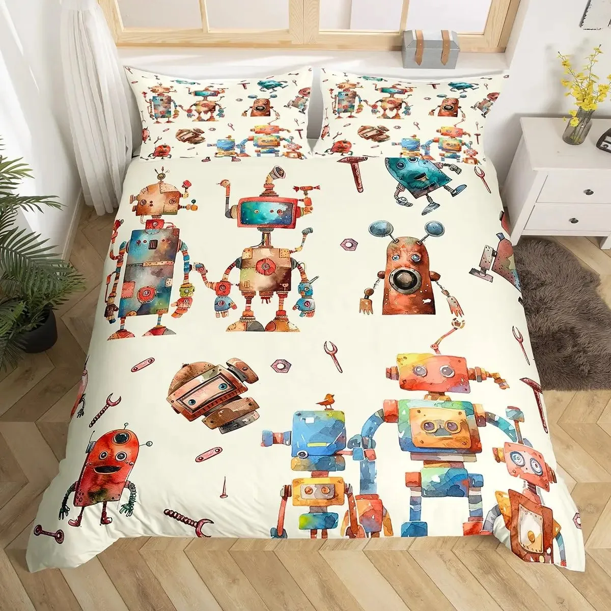 Cartoon Robot Rocket Duvet Cover King Queen Size,Kids Spaceship Bedding Set 3Pcs Starry Galaxy Universe Planet Quilt Cover