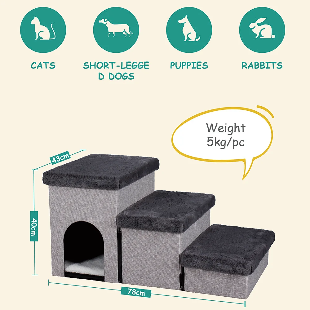 indoor portable foldable cat house pet dog 3 step stairs with storage for high bed