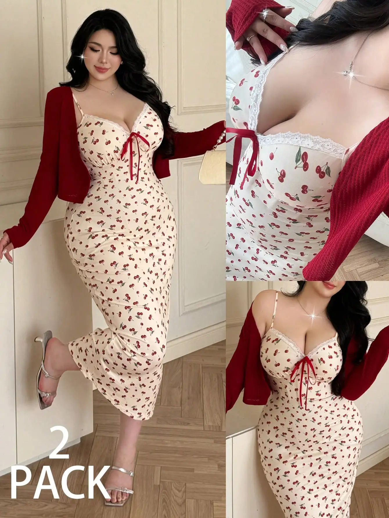 

Cherry Print Spaghetti Strap Dress with Lace Trim & Red Cardigan 2-Pack