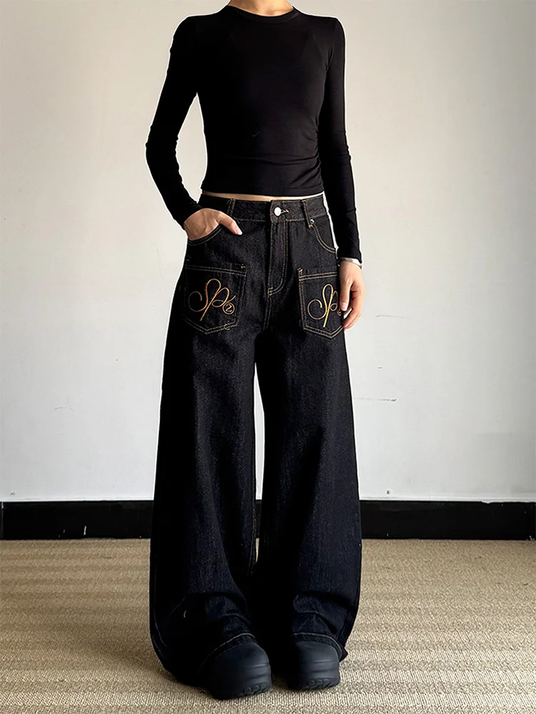 

Large Size American Washed Embroidered Black Knife Jeans Women's Spring Reverse Wear Pocket Casual Straight Leg Wide Leg...