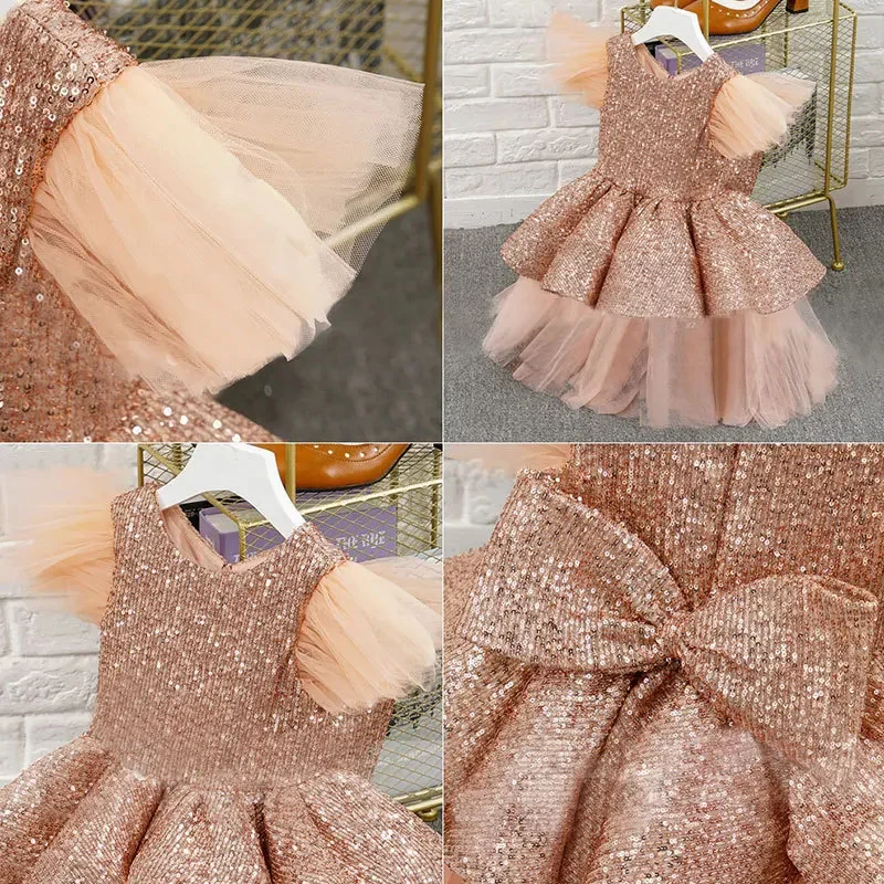 

Pink Tulle Flower Girl Dresses For Wedding With Bow Sequin Shining Tiered Puffy Pleat Kids Gowns Princess Birthday Party Dress