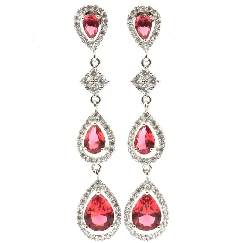 

Street Fashion Long Drop Shape Pink Raspberry Rhodolite Garnet Kunzite White CZ For Woman's Silver Earrings