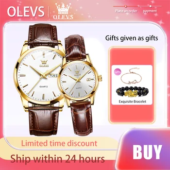 OLEVS brand couple watch leather strap historical luxury quartz watch waterproof romantic lover wristwatch fashion original luminous