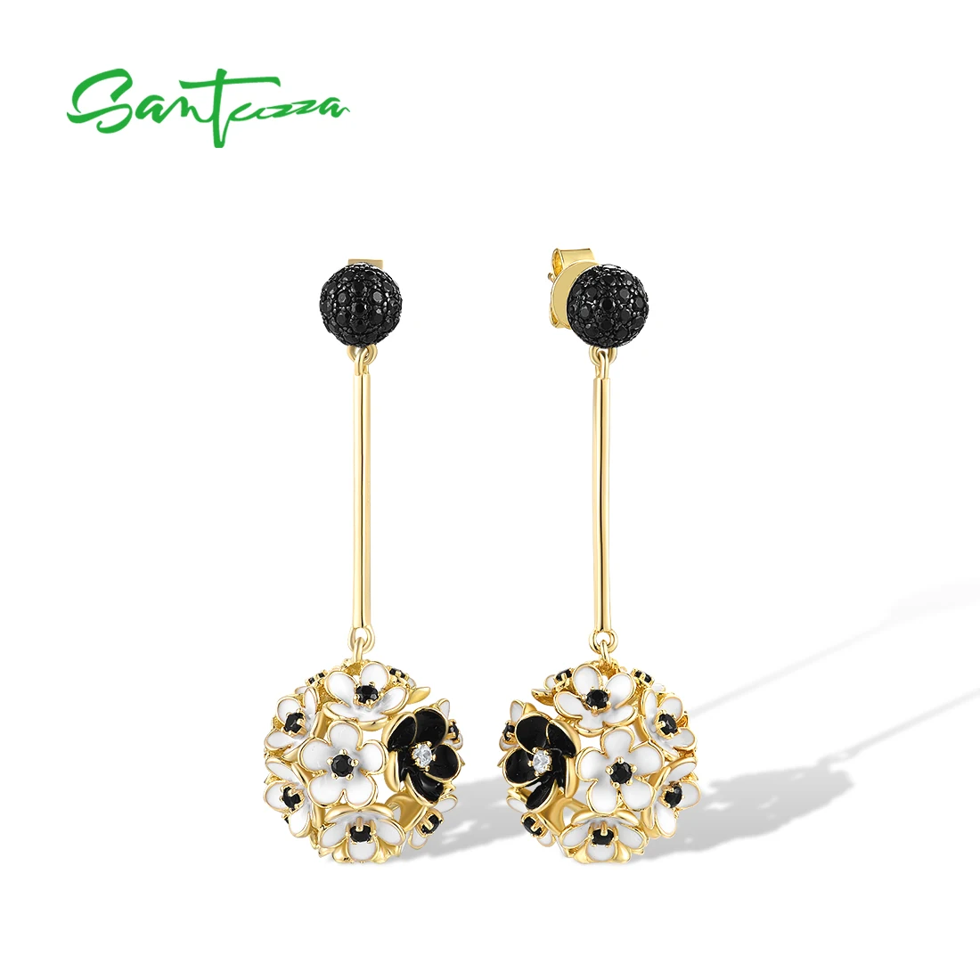 

SANTUZZA 925 Sterling Silver Long Drop Earrings For Women White Black Hollow Cluster Flower Enamel Delicated Party Fine Jewelry