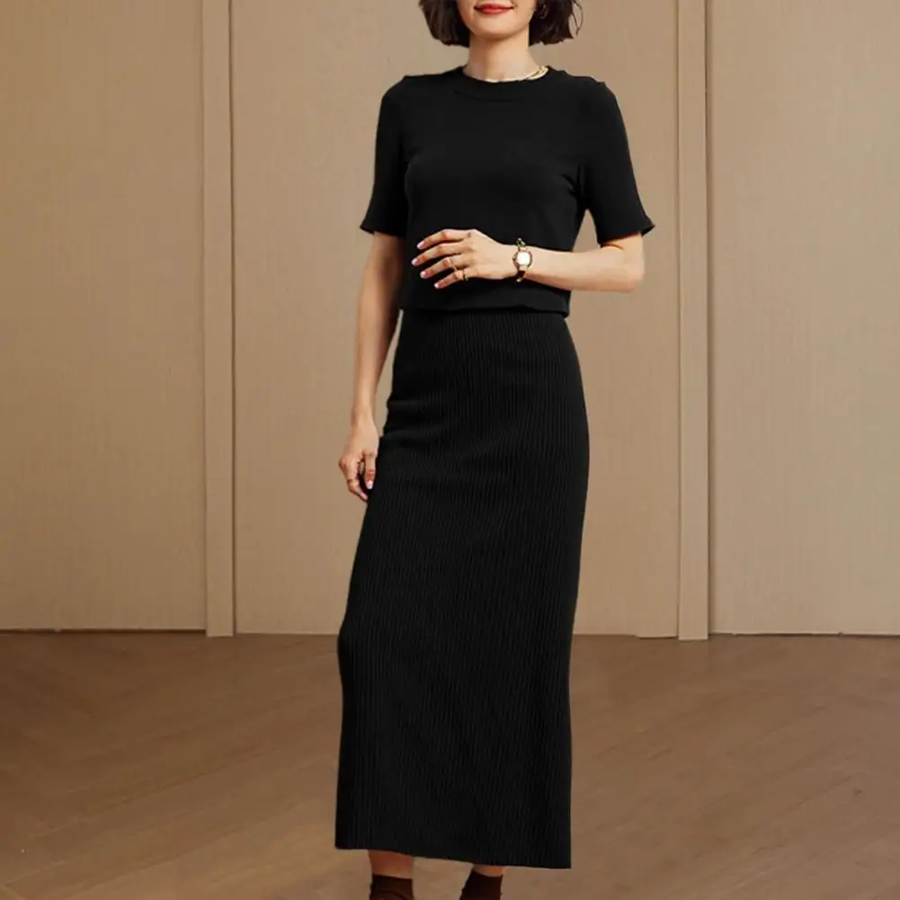 Two Piece Skirt Set Women's Summer Skirt Set Crop Top High Waist Maxi Skirt Knitted Two-piece Outfit Short Sleeve Slim-fitting