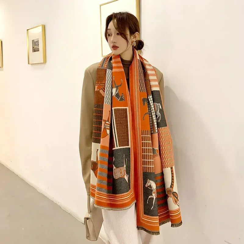 Throw Blanket Luxury Winter Cashmere Scarf Women Design Warm Blanket Horse Scarves Female Shawl Wraps Poncho Feminino Inverno