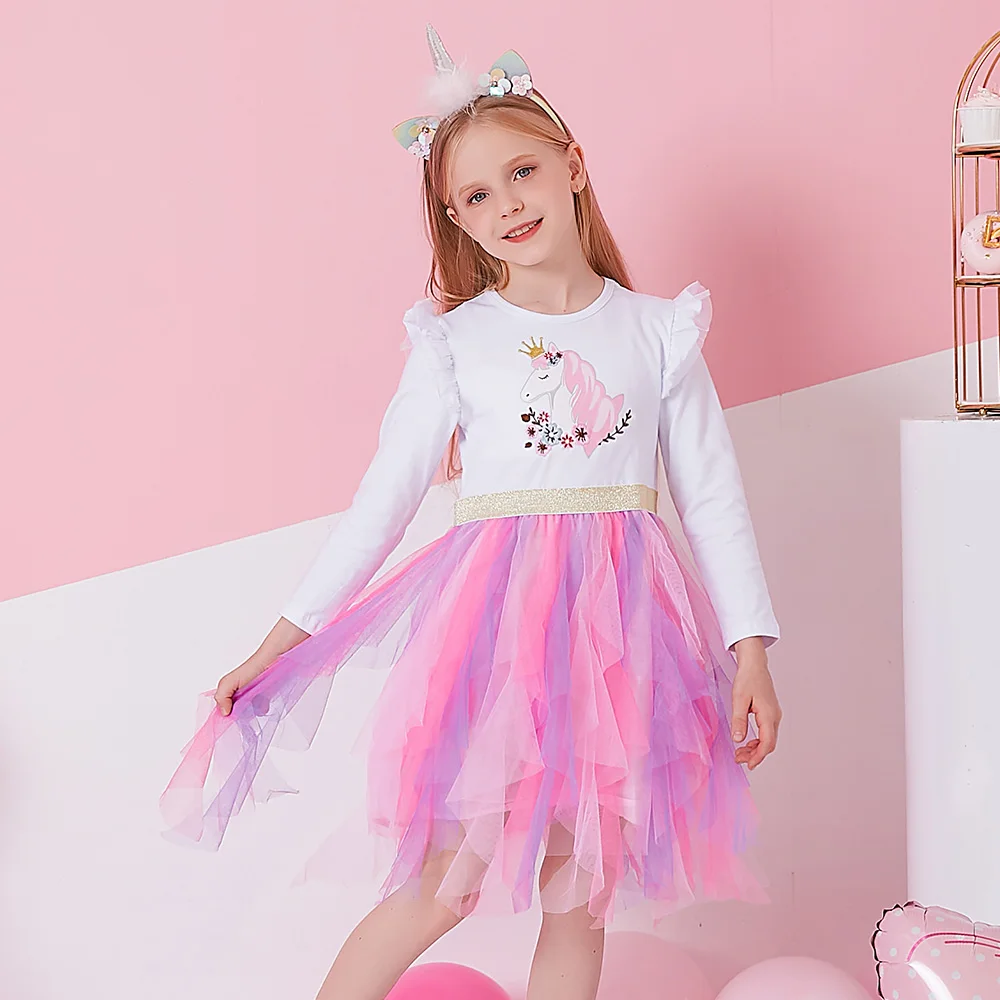 VIKITA Kinder Langarm Herbst Frühling Kleid Mädchen Licorne Blumendruck Cartoon Kleid Mädchen Unregelmäßige Mesh Tüll Prinzessin Kleider – Detail 1
