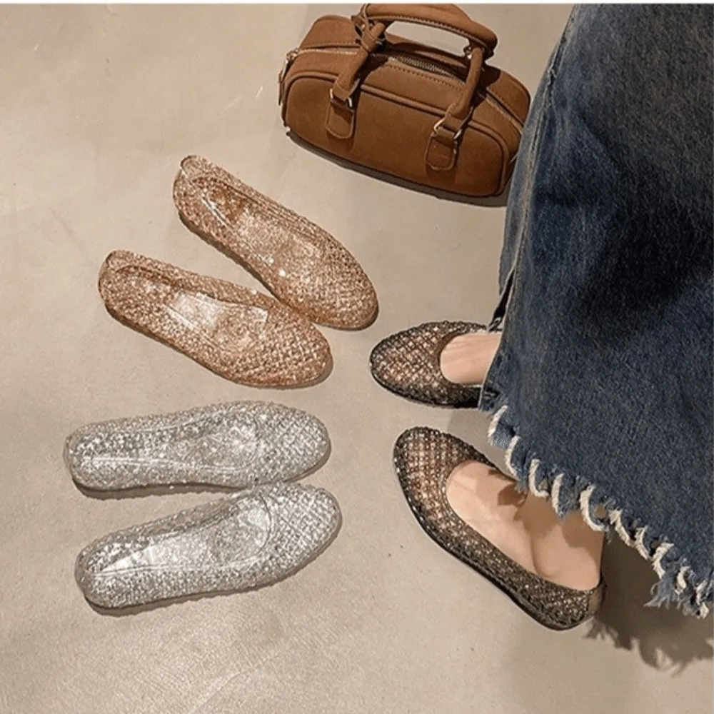 Soft Glitter Inlay Jelly Shoe Hollow Out Crystal Look Beach Shoe Breathable Flat Sole Slip On Shoe Casual Travel