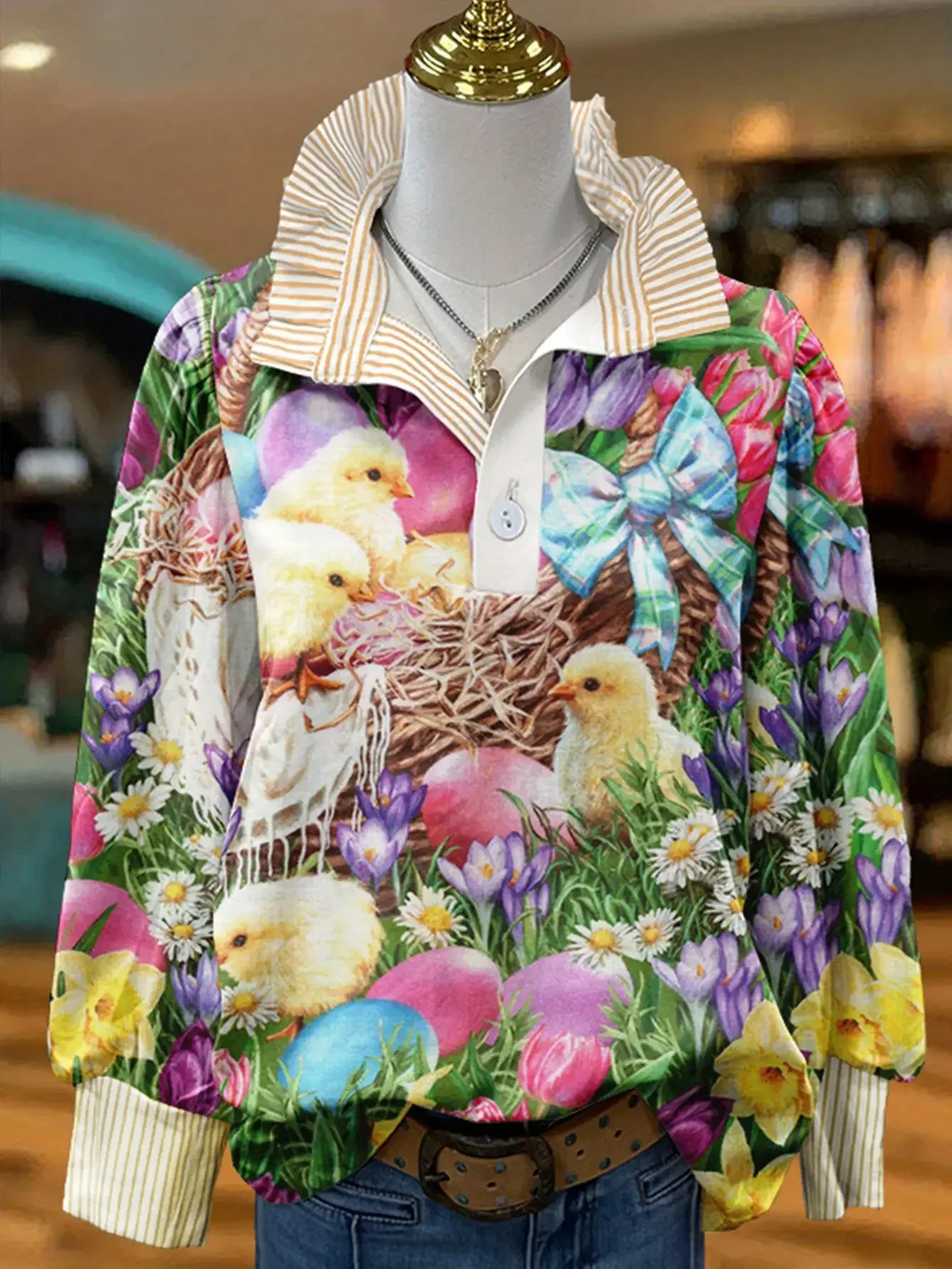 2D flat printed women's red and white striped Christmas printed lapel shirt