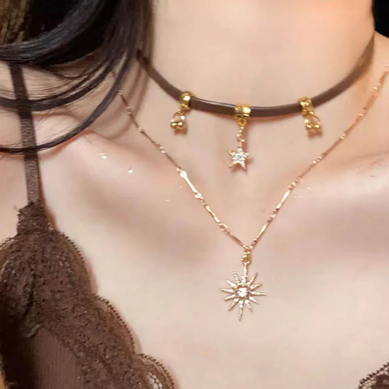 2025 Sun Star Zircon Necklace for Women Vintage Leather Necklace Double Layered Pendant Chain Choker Fashion Jewelry Ожерелье