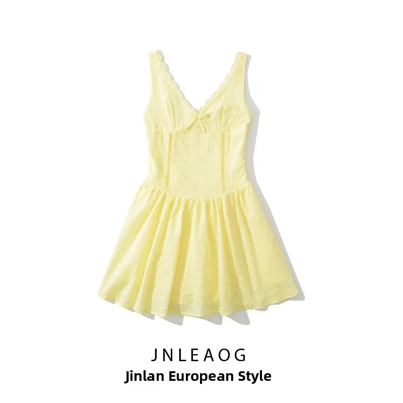 فستان نسائي أنيق جديد من JNLEAOG لفصل الربيع، بتصميم أصفر مع كشكشة خلفية وحزام مطاطي، فستان صيفي أنيق بخصر مرتفع وياقة على شك...
