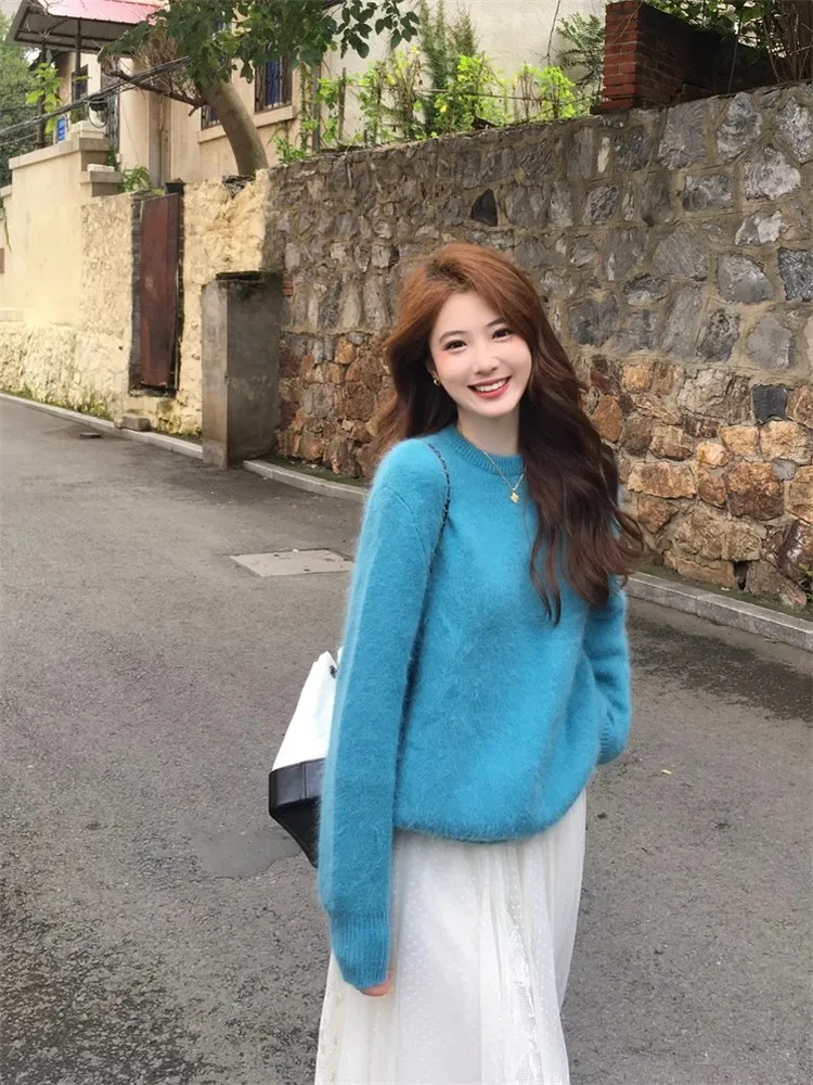 

Thiened Warm Faux Fur Sweater Women's Loose Long Sve Knitted Top Korean Sle Lazy Faion Autumn New Arrival