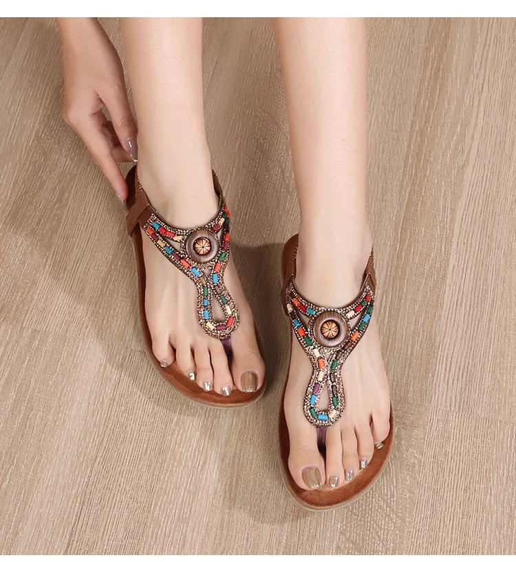 

Large size flat sandals with hollow-out wedge heel and rhinestone accents, Bohemian style comfortable women's summer shoes