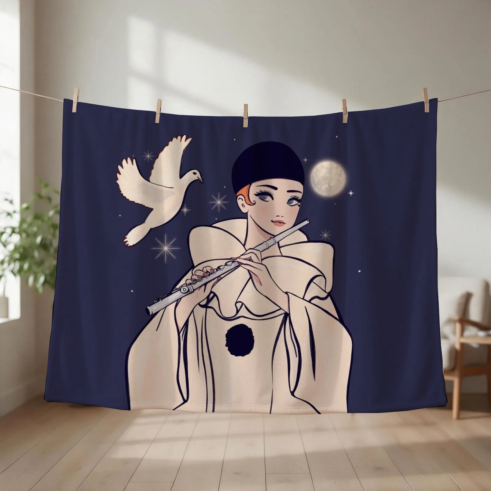 Pierrot playing flute Throw Blanket For Decorative Sofa For Baby Hairy Hair Blankets