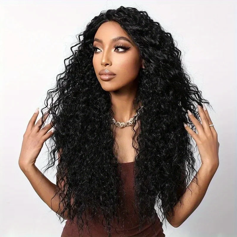26-Inch African-style wig, black heat-resistant synthetic curly hair, lace-free full-cover stage/cosplay with