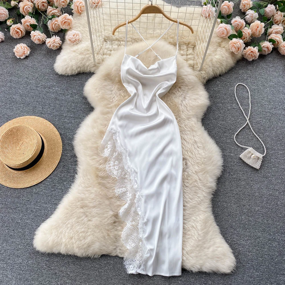 Sexy Floral Lace Patchwork Satin Dress Women Fashion Summer Spaghetti Strap Criss Cross Backless Irregular Midi Club Party Dress