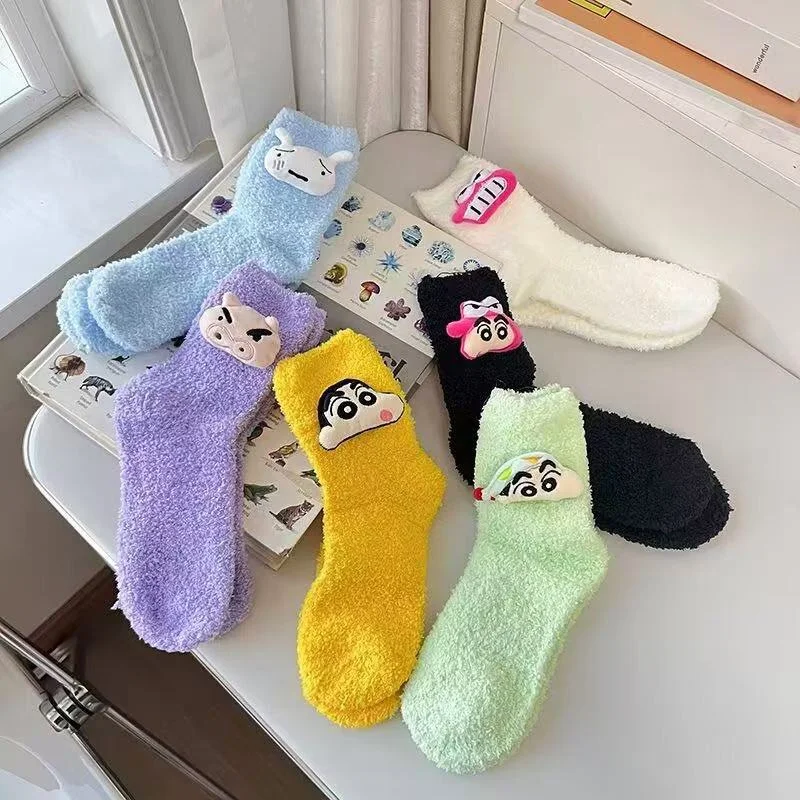 Crayon Shin-chan Coral Fleece Socks Nohara Buriburizaemon Shiro Autumn Winter Kawaii Cartoon Floor Warm Soft Knitted Socks