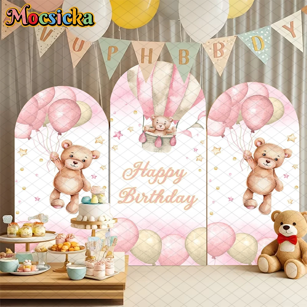 

Mocsicka Pink Bear Arch Cover Backdrop Baby Shower Girl Photo Arched Background Happy Birthday Party Hot Air Balloon Decorations